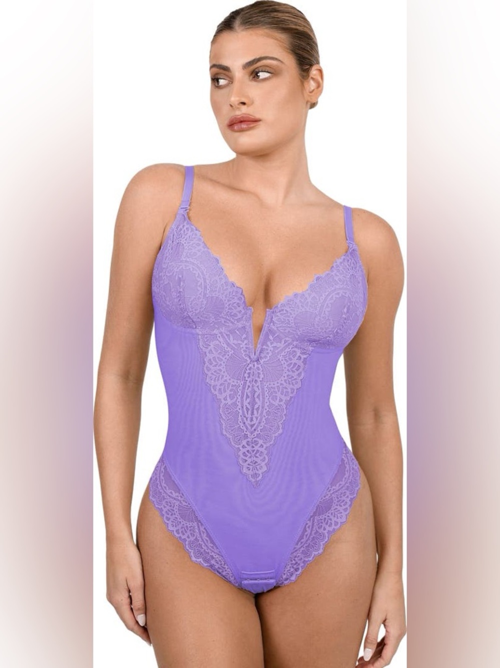 Popilush Shapewear Lace Deep V-Neck Sculpting Thong Bodysuit